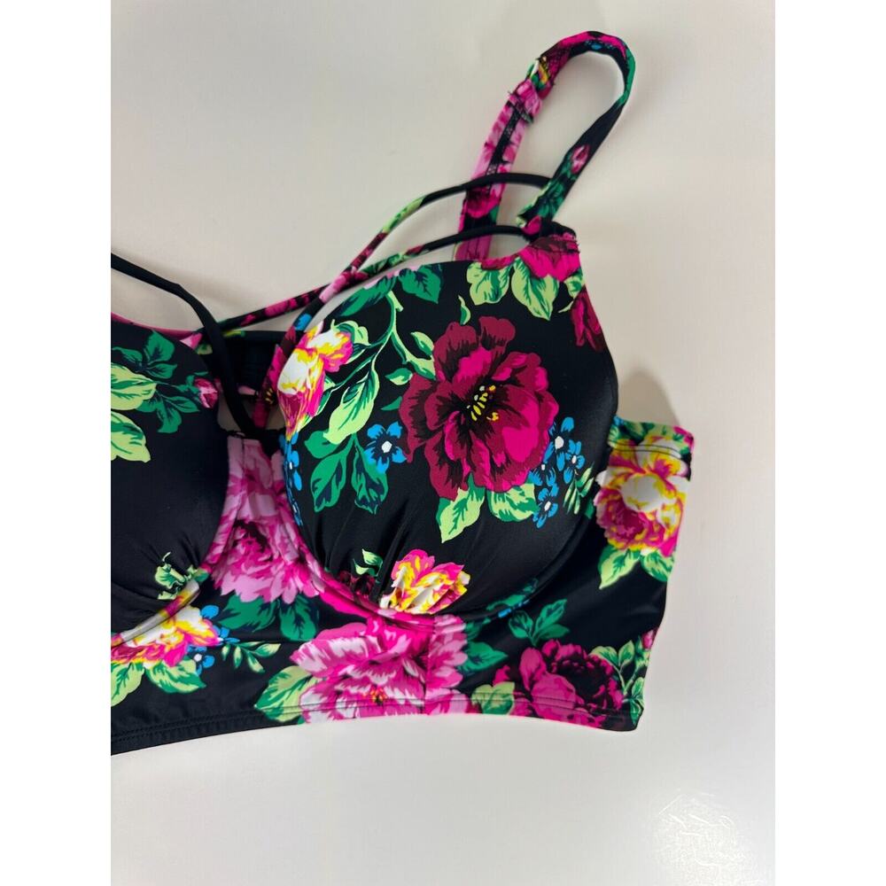 Torrid Underwire Strappy Front Bikini Top Swim Black Pink Floral Size 1 D/DD 1X - Picture 4 of 11
